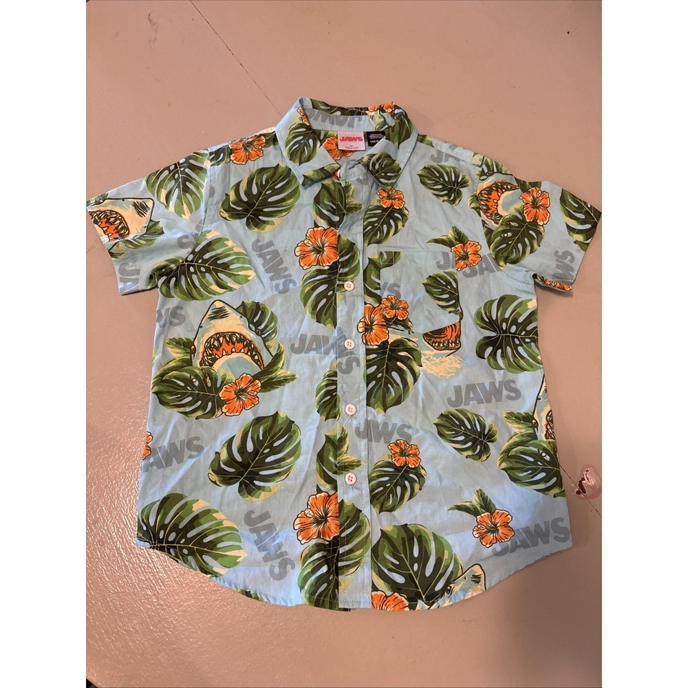 JAWS Hawaiian Shirt Boys Youth Small Blue Shark Floral Button Up Short Sleeve
